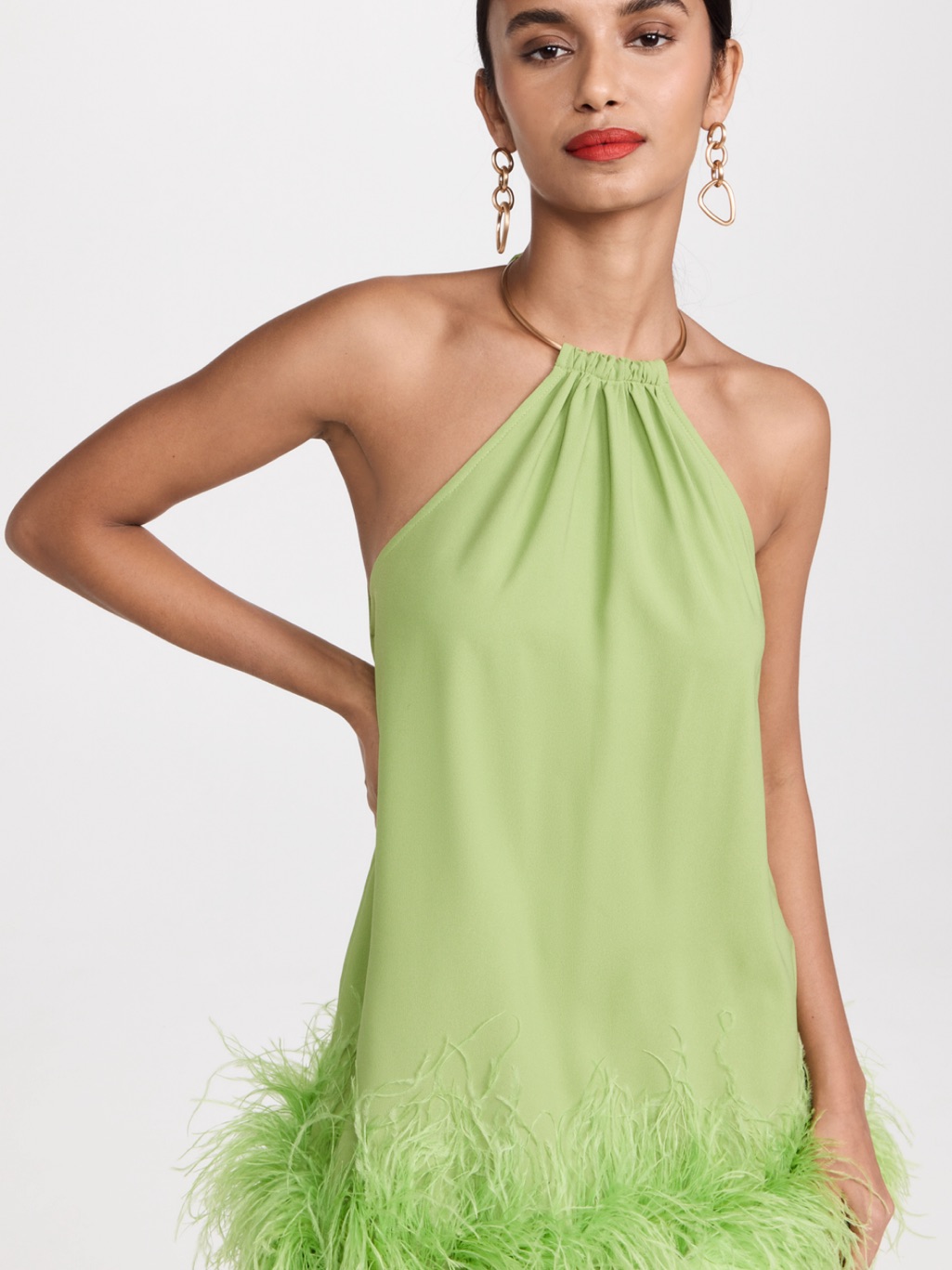 Cult Gaia Reeves Silk Dress In Lime Green Feather-Trim Halter Mini Dress — image 4 of 8